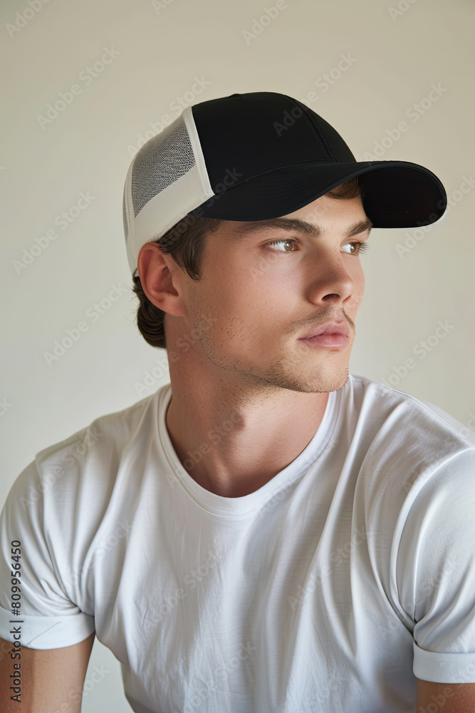 Young man in a black and white trucker hat and white t-shirt. Trucker hat mock up. Baseball cap template Young man in a black and white trucker hat and white t-shirt. Trucker hat mock up. Baseball cap template