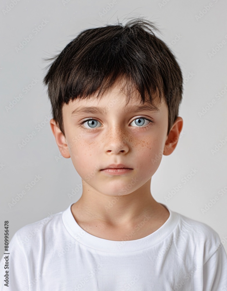 ID Photo for Passport : European child boy with straight short black hair and blue eyes, without glasses and wearing a white t-shirt ID Photo for Passport : European child boy with straight short black hair and blue eyes, without glasses and wearing a white t-shirt