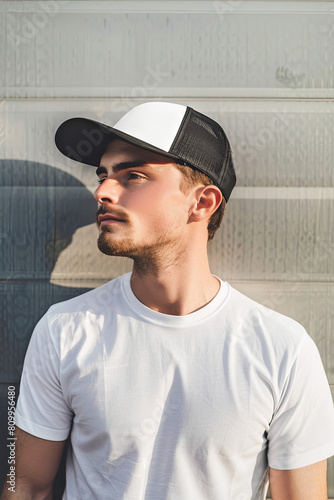 Young man in a black and white trucker hat and white t-shirt. Trucker hat mock up. Baseball cap template © Fabio