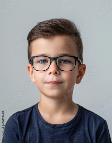 ID Photo for Passport : European child boy with straight short black hair and blue eyes, with glasses and wearing a navy t-shirt