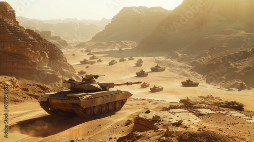 An Military tank M1 Abrams leading a convoy of military vehicles through a desolate desert canyon photo