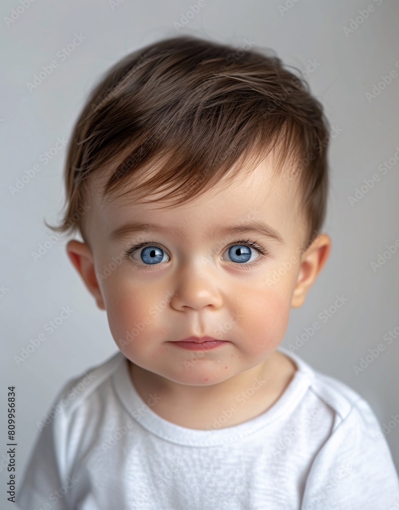 ID Photo for Passport : European baby boy with straight short black hair and blue eyes, without glasses and wearing a white t-shirt ID Photo for Passport : European baby boy with straight short black hair and blue eyes, without glasses and wearing a white t-shirt