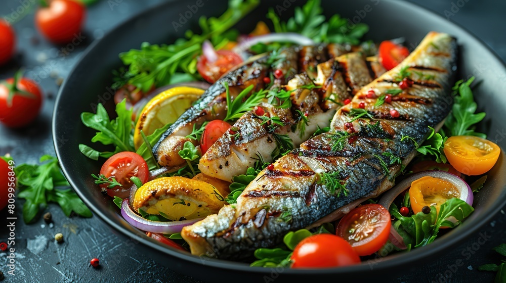 bowl of food with fish and vegetables copy space for text bowl of food with fish and vegetables copy space for text