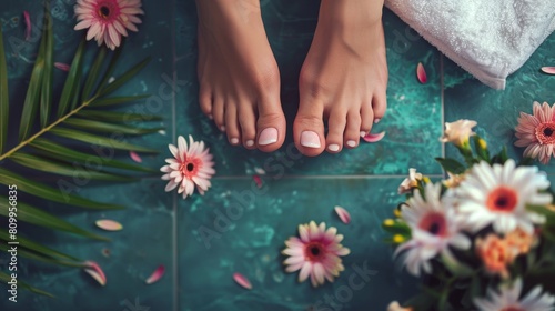 Beautiful spa day with elegant female feet and blossoms captured in a closeup, topdown view