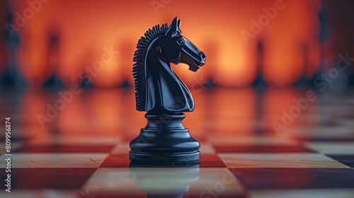 A warm tan surface with a single black chess knight photo