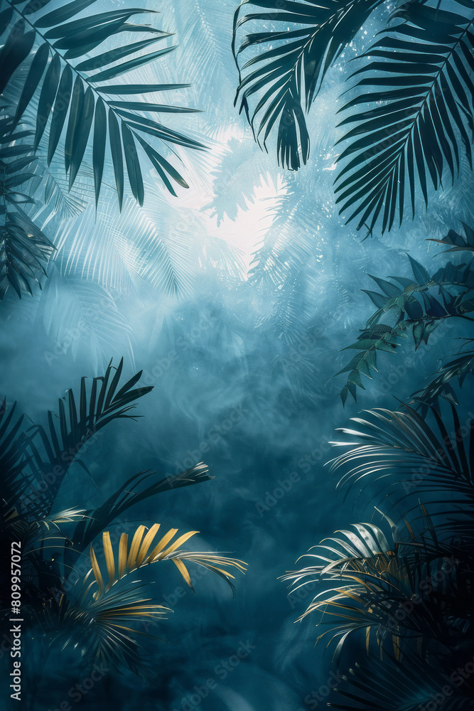 Abstract painting featuring a gradient from forest green to deep ocean blue with silhouettes of tropical leaves,