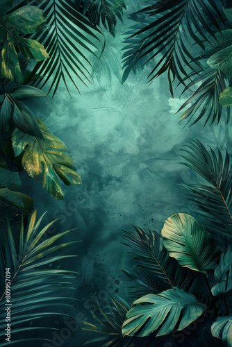 Abstract painting featuring a gradient from forest green to deep ocean blue with silhouettes of tropical leaves 