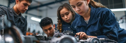 student in an automotive teacher's class were working on engine parts together. The female student wearing a blue uniform and one male teenager dressed in a dark grey uniform were watching them while 