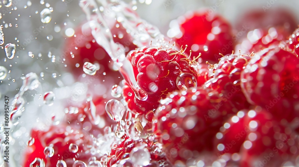 A water jet shoots a bunch of ripe raspberries up.