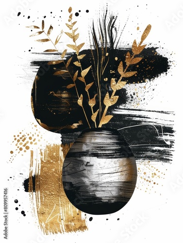 A golden and black painting depicting a vase with a plant in it on a neutral background