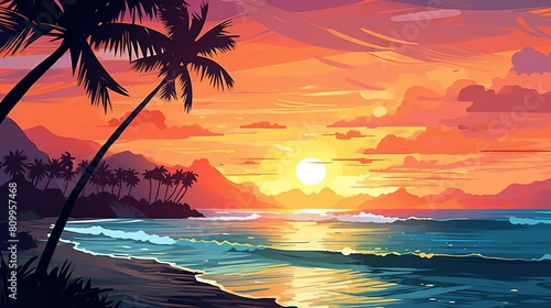 Amazing sunset over calm ocean with palm trees on the beach.