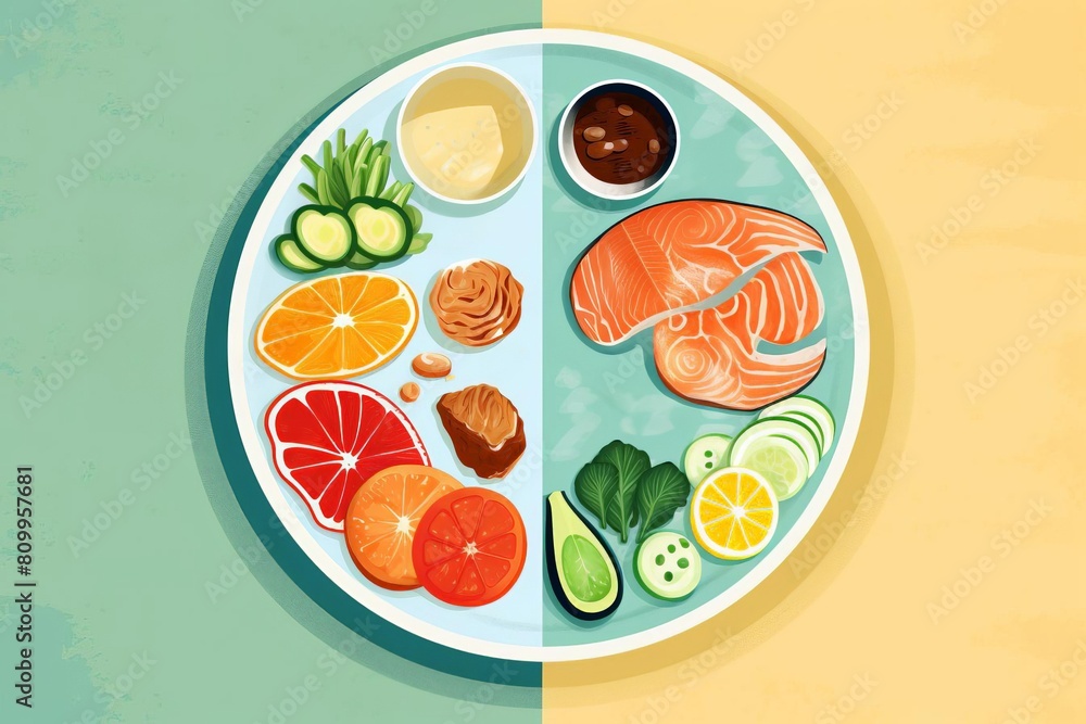 A healthy meal can be both delicious and nutritious. This plate has a variety of food items, including fruits, vegetables, proteins, and grains. A healthy meal can be both delicious and nutritious. This plate has a variety of food items, including fruits, vegetables, proteins, and grains.