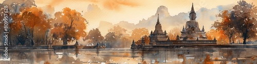 Tranquil Dawn at Sukhothai Historical Park Ancient Temples and Pagodas Reflected in the Misty River photo