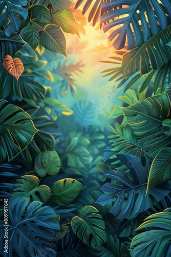 Children        s book illustration of a jungle adventure with a background gradient from green to blue and playful leaf designs 