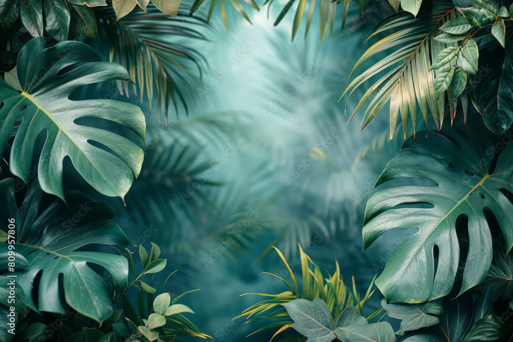 Travel blog header with a dreamy gradient from forest green to aquamarine, decorated with tropical foliage, Travel blog header with a dreamy gradient from forest green to aquamarine, decorated with tropical foliage,