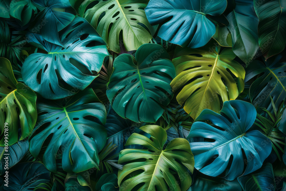 Desktop organizer wallpaper with a functional gradient from green to blue, providing a calming backdrop of tropical leaves,