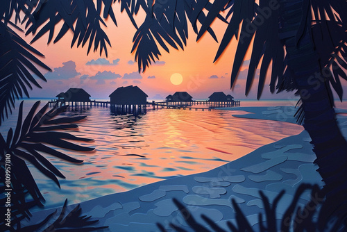 Maldives at sunset a paper cut masterpiece capturing the tranquil beauty of its beaches and landmarks 