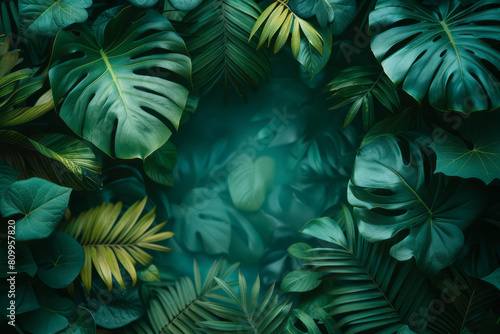 Travel blog header with a dreamy gradient from forest green to aquamarine, decorated with tropical foliage,