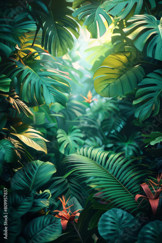 Eco-tourism poster with a deep green to blue gradient and detailed illustrations of rainforest leaves 