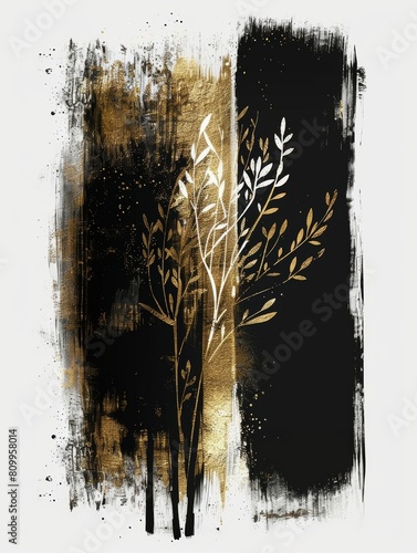 A tree depicted in striking black and gold colors, showcasing intricate details and a bold contrast