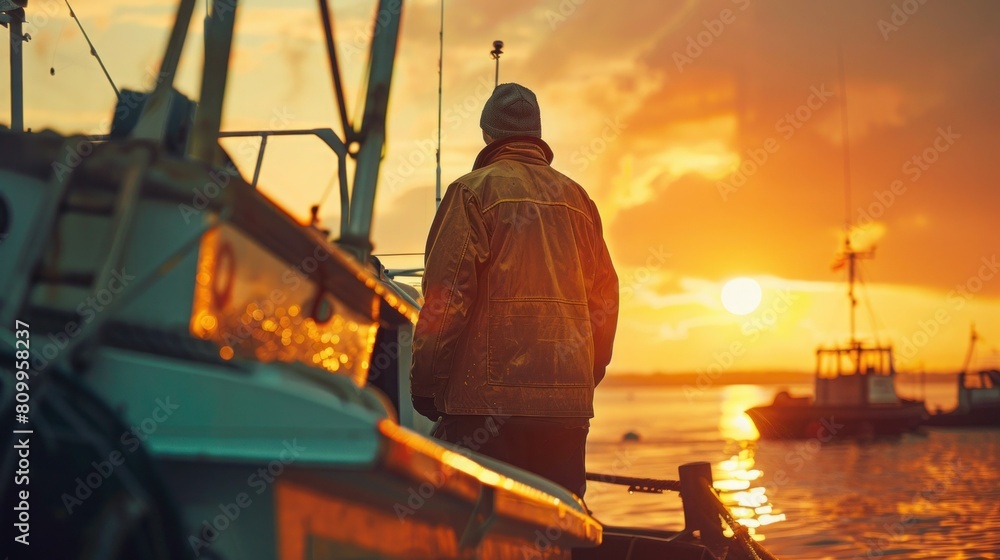 Confident fisherman standing on fishing boat