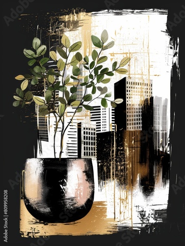 A golden and black painting depicting a vase with a plant in it
