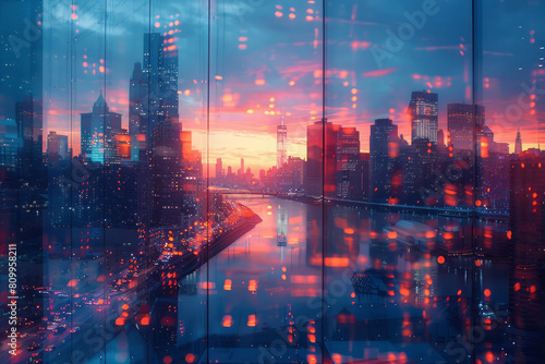 Artistic representation of a day to night transition in a cityscape  from cool blues to warm reds 