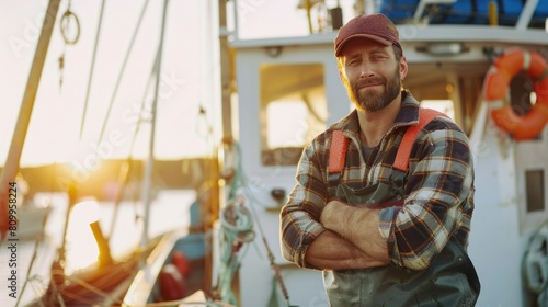 Confident fisherman standing on fishing boat