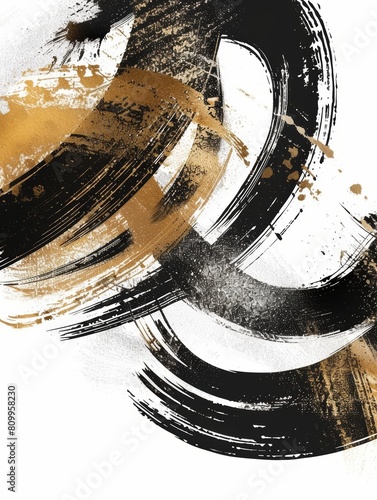A striking abstract painting featuring bold black and gold brushstrokes on a clean white background