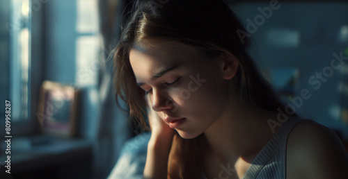 An unhappy depressed teen girl in a room lonely. Frustrated confused, stressed young woman with sad mood. Feeling negative emotions, mental health, anxiety disorder concept.