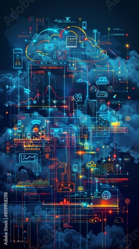 Security-focused cloud blueprint, emphasizing firewalls, encryption modules, access control gates, drawn in a bold style