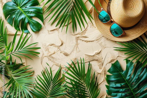Summer vacation concept with hat, sunglasses, and tropical leaves on sandy background.