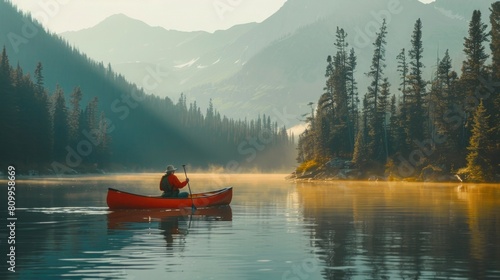 Fisherman paddles canoe across tranquil mtn lake photo