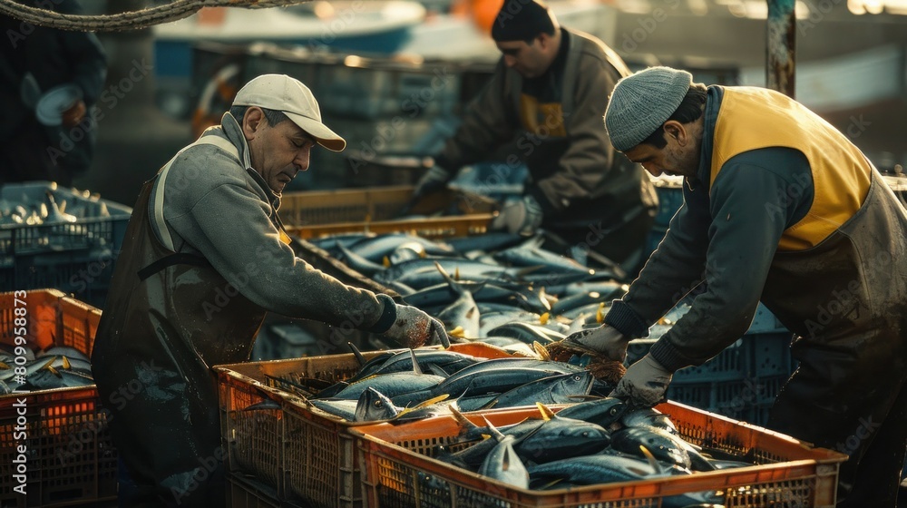 Fishermen arranging fish in crates Fishermen arranging fish in crates