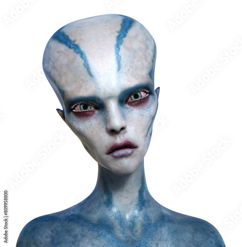 Illustration of a female alien with a large bald skull looking forward with a unhappy expression against a white background.