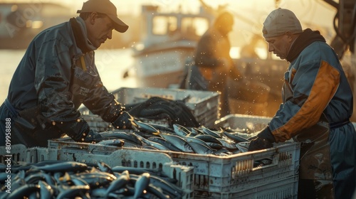 Fishermen arranging fish in crates