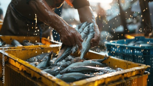 Fishermen arranging fish in crates