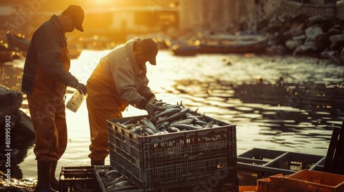 Fishermen arranging fish in crates