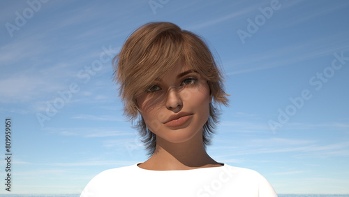 Illustration of a woman with short dirty blonde hair with her eyes in shadow looking forward with a blue wispy sky in the background.