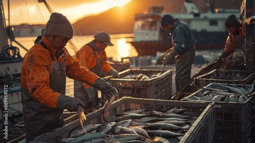 Fishermen arranging fish in crates