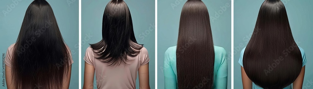 Naklejka premium Before and after studio comparison of a womans hair damaged by heat, showing the transformative effects of a keratin treatment