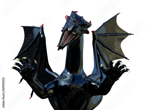 Illustration of a fierce black dragon with open mouth and teeth showing on a white background.