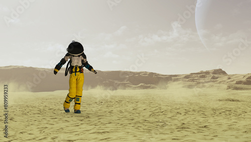 Illustration of an astronaut walking on a barren world with a large planet in the sky.