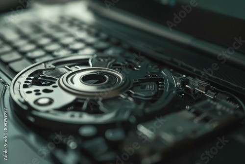 Close up of a laptop with a disk on top. Suitable for technology concepts