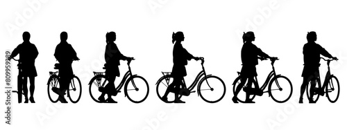 Vector concept or conceptual black silhouette of a woman riding a bicycle from different perspectives isolated on white background. A metaphor for health, fitness, work, leisure and lifestyle