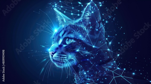 Cat head made of polygonal lines and dots. Polygonal mosaic. Blue cat head full face isolated from background AI generated