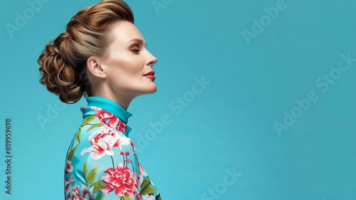 Elegant fulllength portrait of a contemplative woman in a printed top, using a modern device, looking off into the distance, isolated on a solid blue background photo