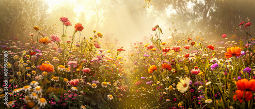 a field filled with colorful flowers with sunlight behind them  © WettE