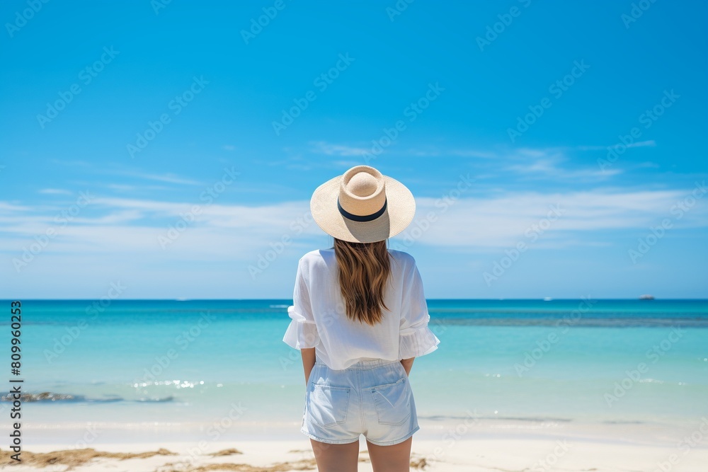 Woman in straw hat standing at the beach, looking at ocean, back view. Woman in straw hat standing at the beach, looking at ocean, back view.