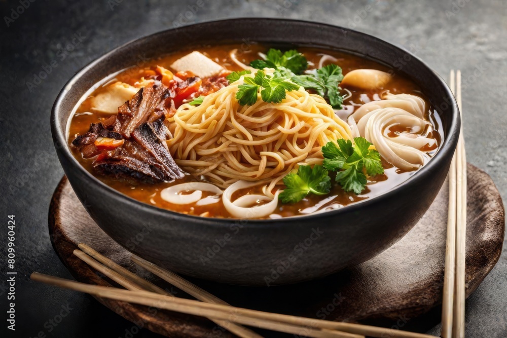a bowl of ramen noodles with delicious toppings. Commercial food photography a bowl of ramen noodles with delicious toppings. Commercial food photography